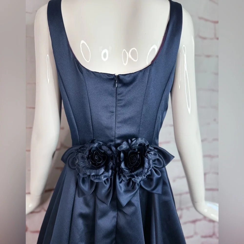 JESSICA McCLINTOCK Navy Satin Floor Length Prom Dress Size 10 Satin Rose Formal - Picture 2 of 16